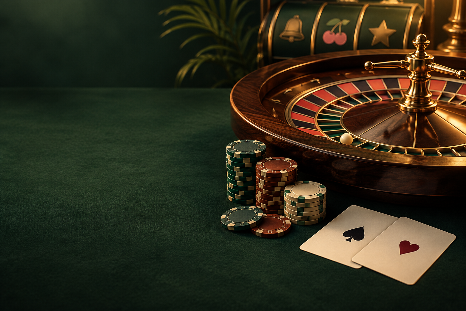 Ilustrasi roda roulette, kartu, dan cip dengan cahaya tembaga